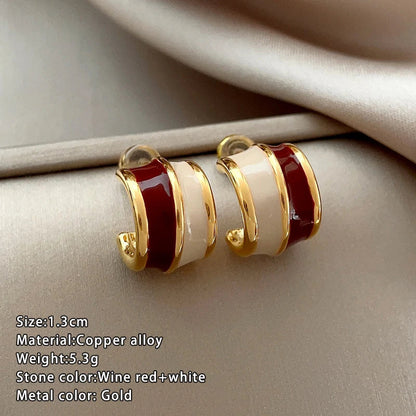"2024 Vintage Style Wine Red Contrasting Half Circle Enamel Earrings"