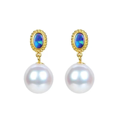 "2024 French Elegant Blue Enamel Pearl Pendant Earrings"